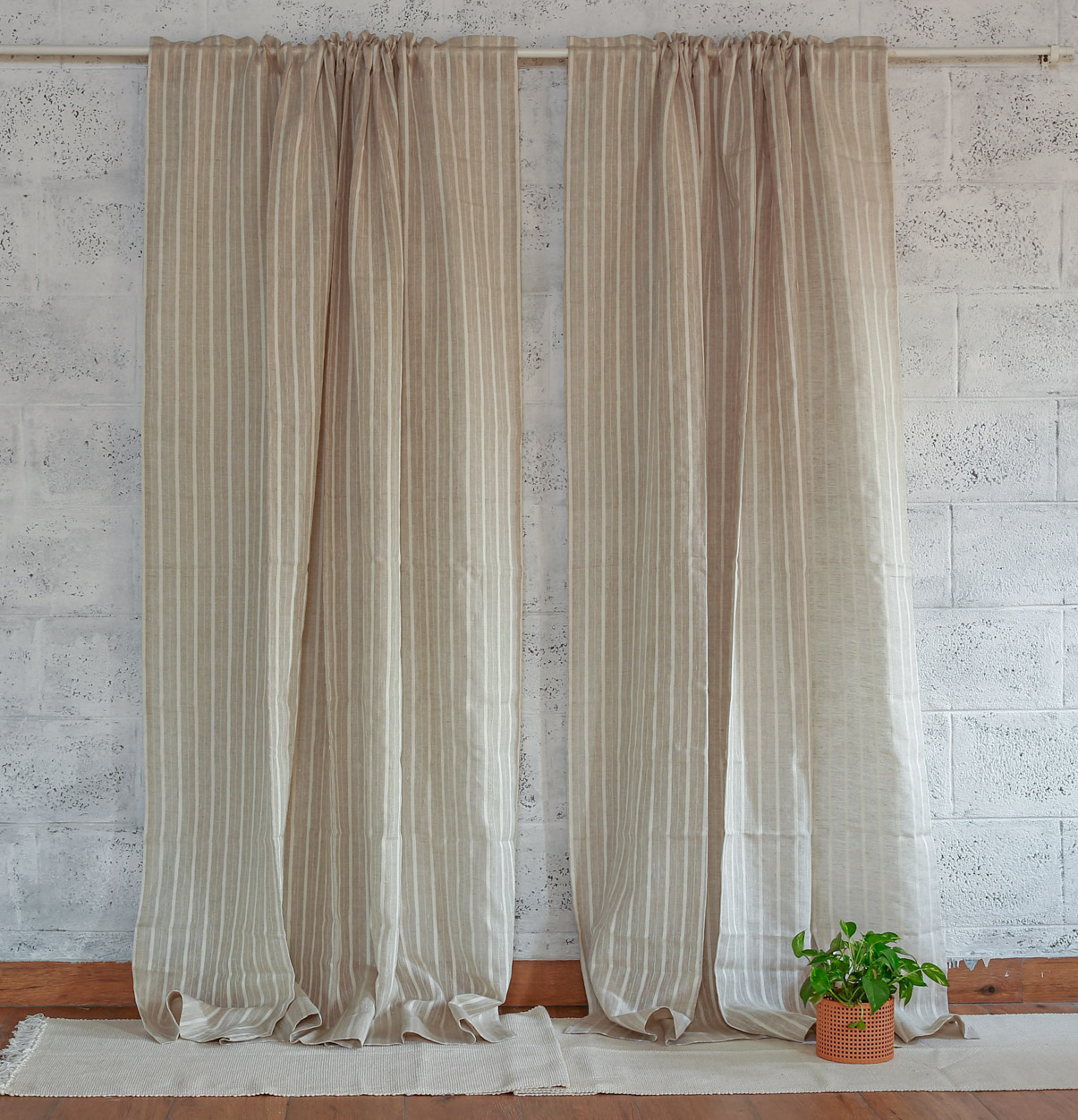 Buy Customizable Linen Semi Sheer Curtain - Fine Stripe - Beige