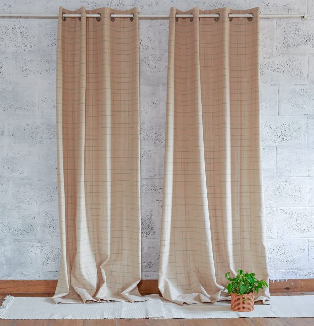 Customizable Curtain, Green Checks Cotton - Beige