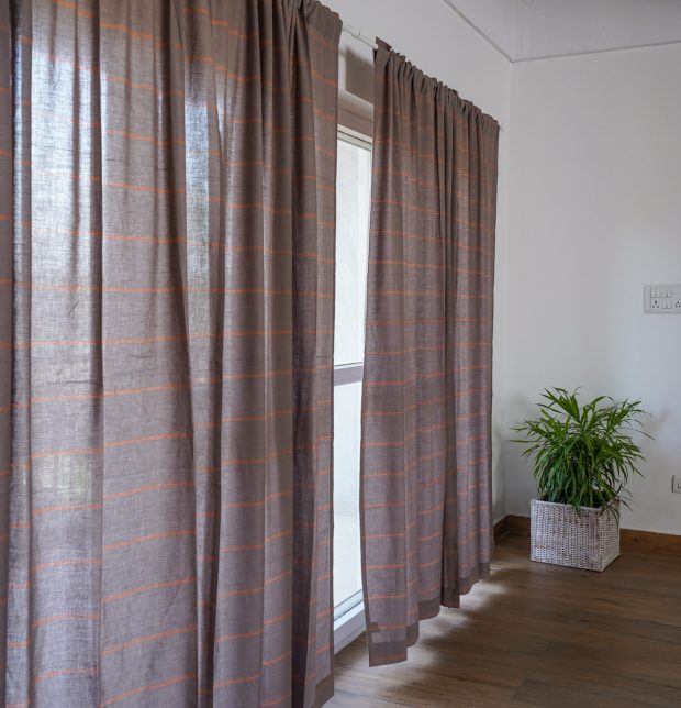 Customizable Curtain, Cotton - Horizontal Sunset Striped - Grey/Orange