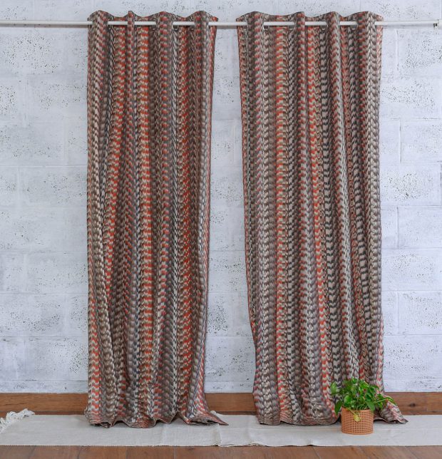 Customizable Handwoven Curtain, Cotton - Ikat - Grey/Orange