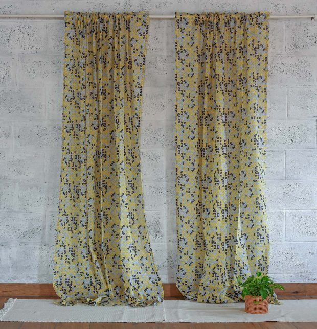 Customizable Slub Sheer Curtain, Cotton - Retro Circles - Yellow