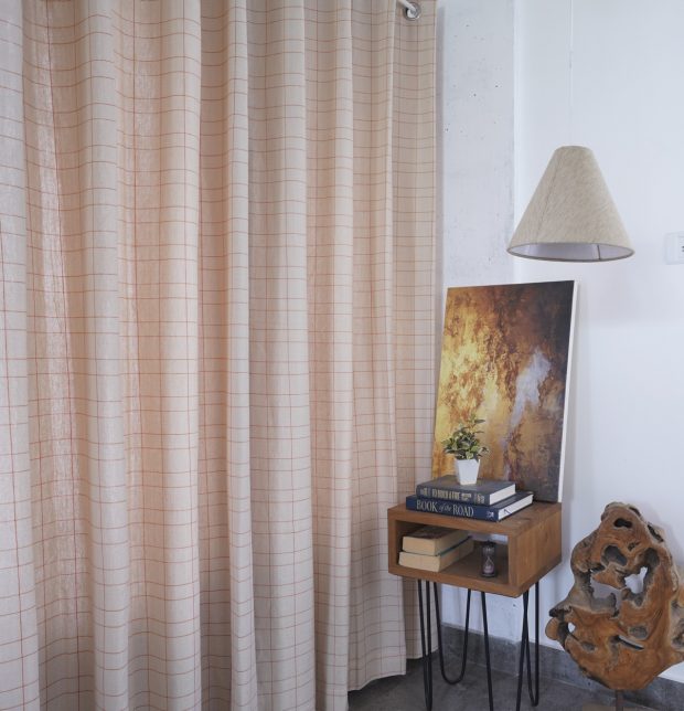 Customizable Curtain, Rust Orange Checks Cotton - Beige