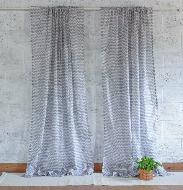 Customizable Sheer Curtain, Slub Cotton - Star Triangles - Grey