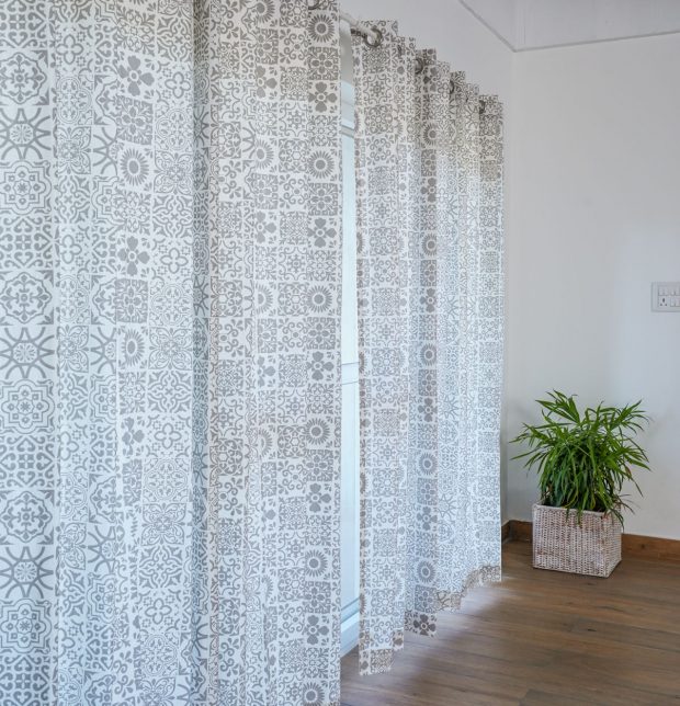 Tiles Print Cotton Curtain Grey