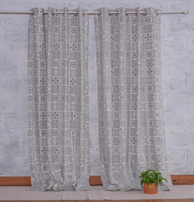 Customizable Curtain, Cotton - Tiles Print - Grey