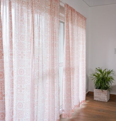 Customizable Sheer Curtain, Slub Cotton -Tiles Print – Blush Pink
