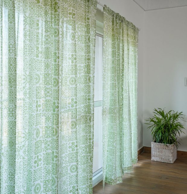 Customizable Sheer Curtain, Slub Cotton -Tiles Print - Green