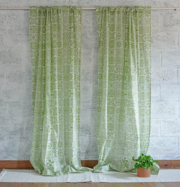 Customizable Sheer Curtain, Slub Cotton -Tiles Print - Green