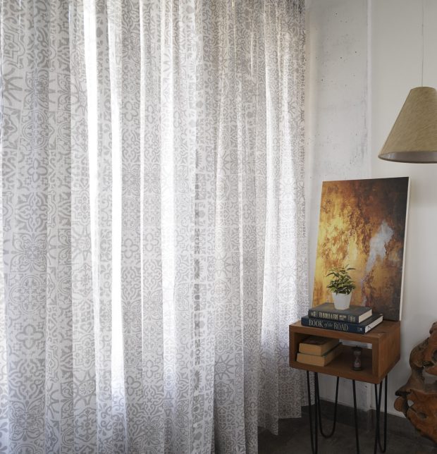 Tiles Print Slub Sheer Cotton Curtain Grey