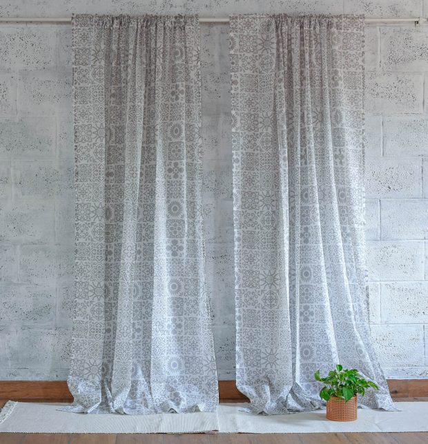 Customizable Sheer Curtain, Slub Cotton -Tiles Print - Grey