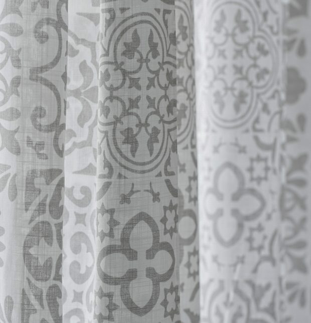 Tiles Print Slub Sheer Cotton Curtain Grey