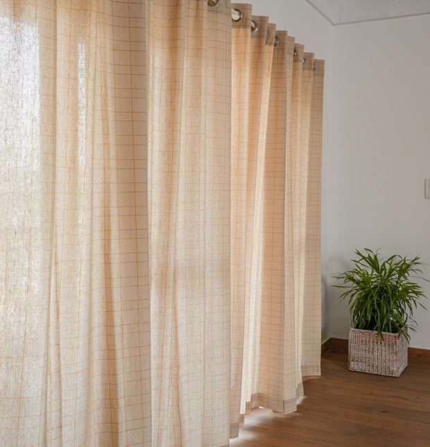 Customizable Curtain, Yellow Checks Cotton - Beige