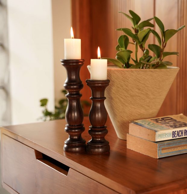 Handcrated Wooden Wave Candle Stand Set - Dark