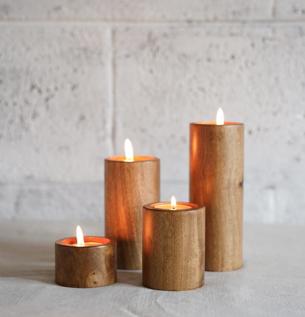 Handcrafted Wooden Round Tea Light Candle Holder - Set of 4