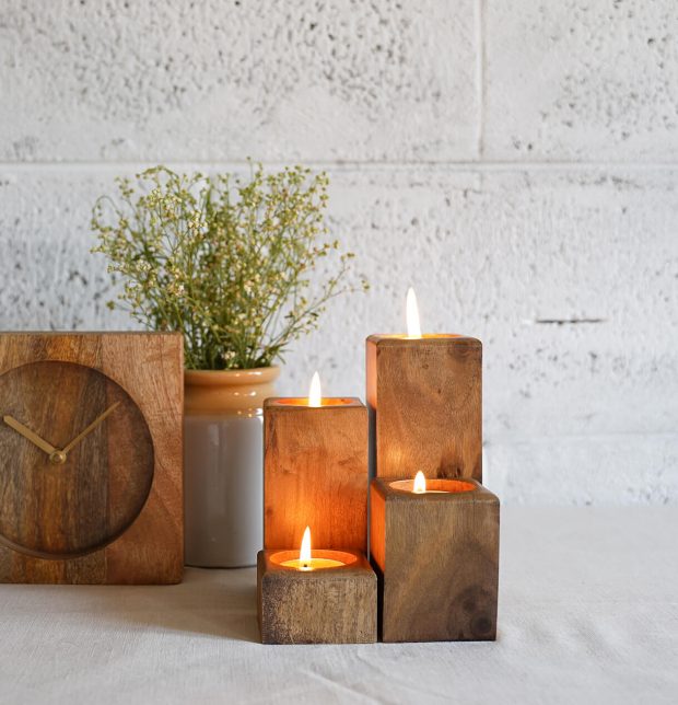Handcrafted Wooden Square Tea Light Candle Holder - Set of 4
