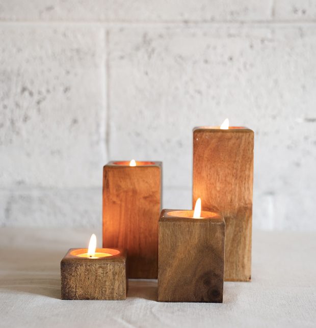 Handcrafted Wooden Square Tea Light Candle Holder - Set of 4