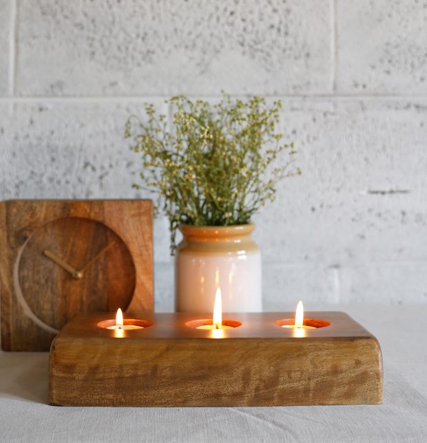 Rustic Handcrafted Wooden 3 Flame Tea Light holder