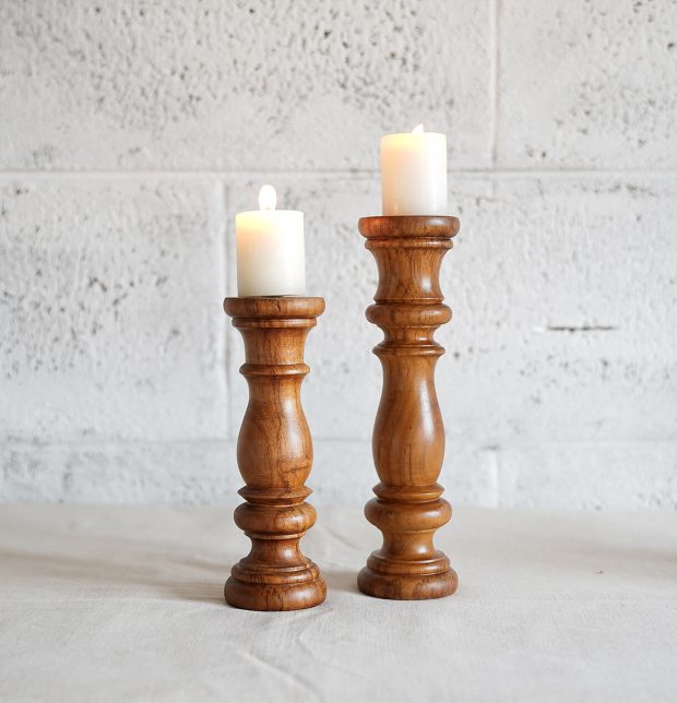 Handcrated Wooden Wave Candle Stand Set - Natural