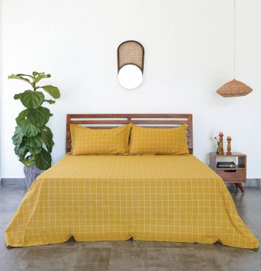 Lagom Chequered Cotton Bed Sheet Mustard / White – With 2 pillow covers