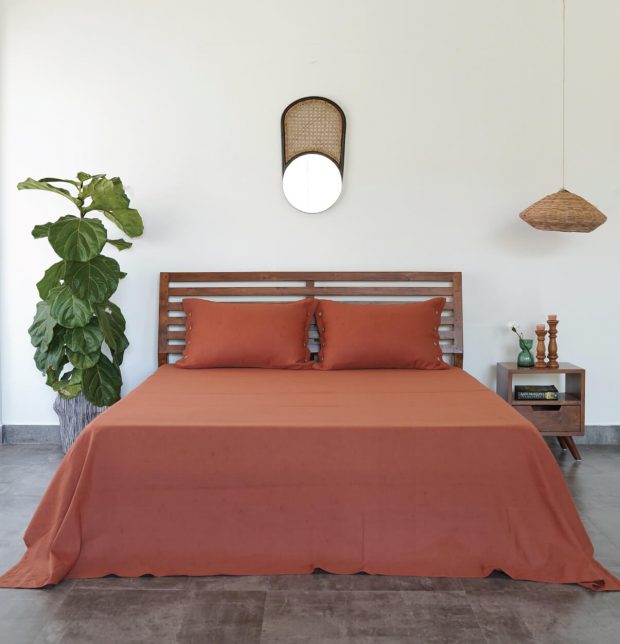 Linen Bed Sheet - Rust Orange- With 2 pillow covers