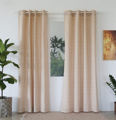 Customizable Curtain, Rust Orange Checks Cotton – Beige
