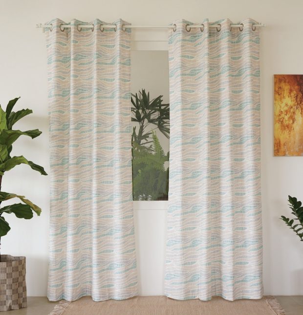 Customizable Curtain, Cotton - Wave Texture - Sea Blue