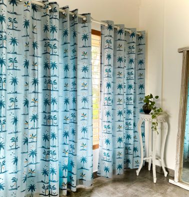 Nirvaanya Cotton Curtain – Coconut tree – Baby Blue