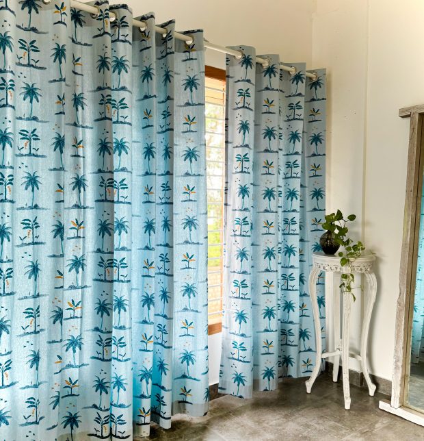 Customizable Curtain, Cotton - Nirvaanya Coconut Tree- Baby Blue