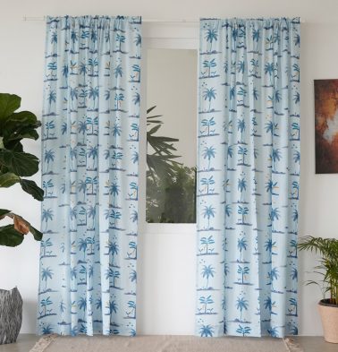 Customizable Slub Sheer Curtain, Cotton – Nirvaanya Coconut Tree- Baby Blue