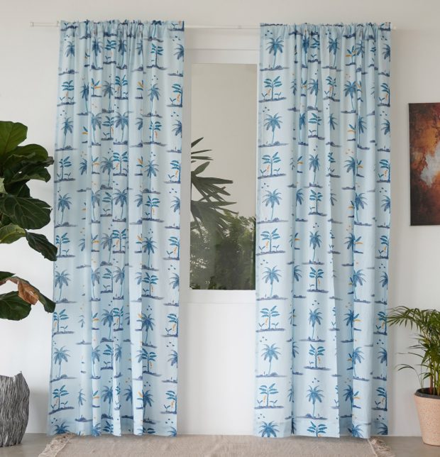 Nirvaanya Slub Sheer Cotton Fabric - Coconut tree - Baby Blue