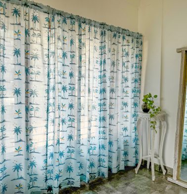 Nirvaanya Slub Sheer Cotton Curtain – Coconut tree – Baby Blue