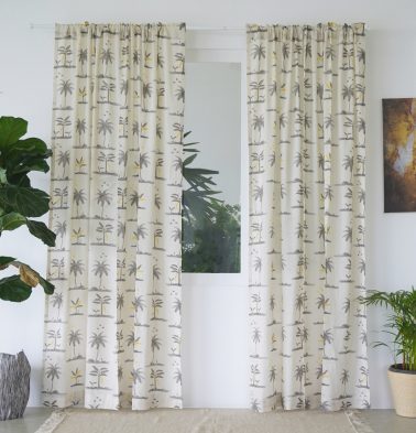 Customizable Slub Sheer Curtain, Cotton – Nirvaanya Coconut Tree- Birch Beige