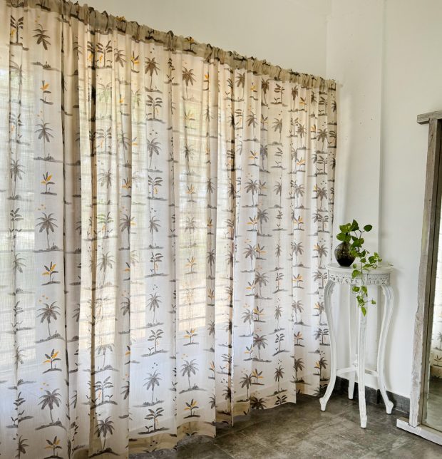 Customizable Slub Sheer Curtain, Cotton - Nirvaanya Coconut Tree- Birch Beige