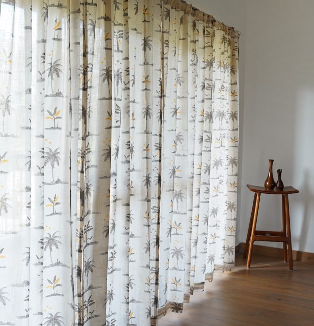 Customizable Slub Sheer Curtain, Cotton - Nirvaanya Coconut Tree- Birch Beige