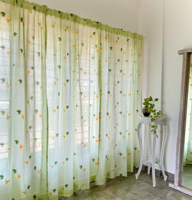 Nirvaanya Slub Sheer Cotton Curtain - Sparrow -Seaform Green