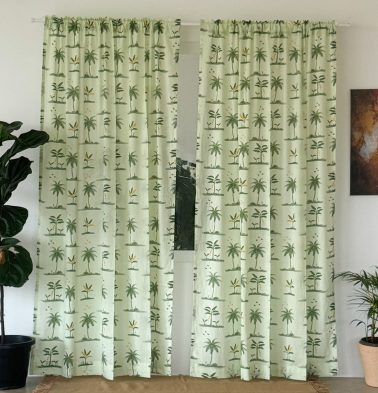 Customizable Slub Sheer Curtain, Cotton – Nirvaanya Coconut Tree- Seaform Green