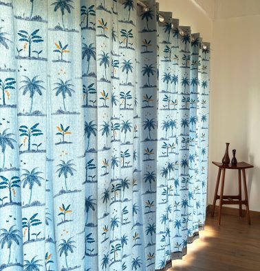 Nirvaanya Cotton Curtain – Coconut tree – Baby Blue