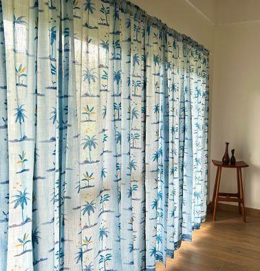 Nirvaanya Slub Sheer Cotton Curtain – Coconut tree – Baby Blue