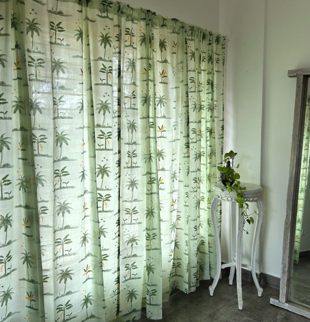 Nirvaanya Slub Sheer Cotton Curtain - Coconut tree - Seaform Green