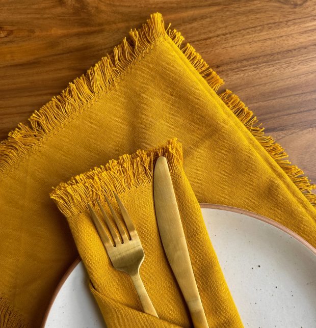 Solid Cotton Table Napkins With Fringes Sulphur Yellow - Set of 6