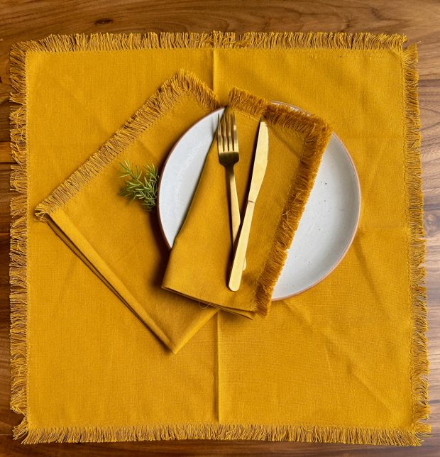 Solid Cotton Table Napkins With Fringes Sulphur Yellow - Set of 6