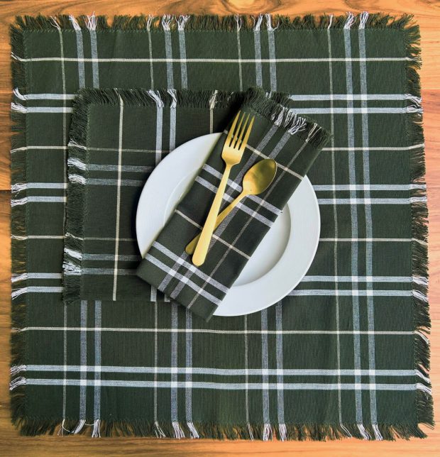 Broad Checks Cotton Table Napkins with Fringes Deep Green - Set of 6