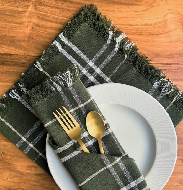 Broad Checks Cotton Table Napkins with Fringes Deep Green - Set of 6