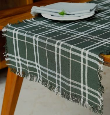 Broad Checks Cotton Table Runner With Fringes Deep Green