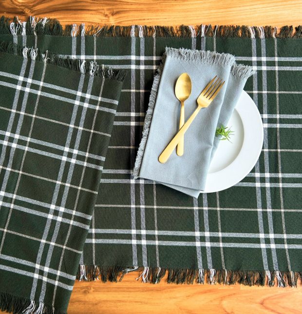 Broad Checks Cotton Table Runner With Fringes Deep Green