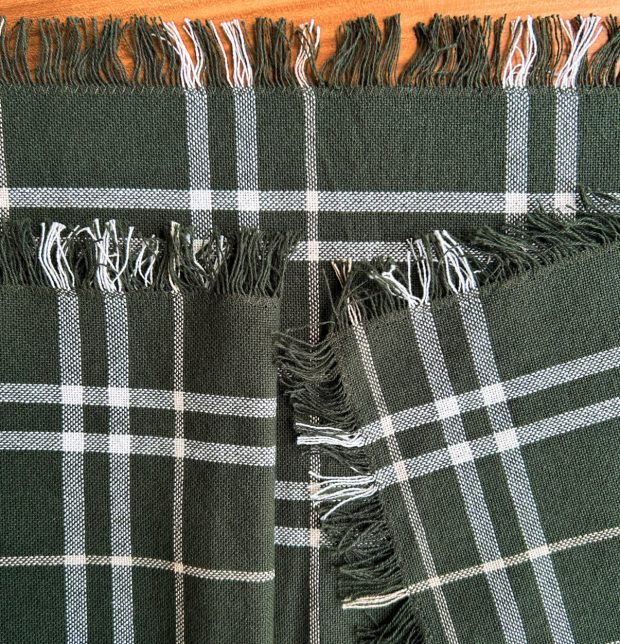 Broad Checks Cotton Table Runner With Fringes Deep Green