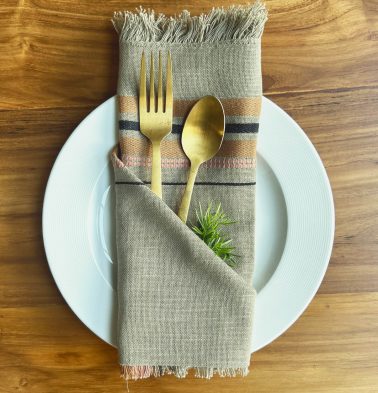 Brown Striped Cotton Table Napkins with Fringes Burnt Olive – Set of 6