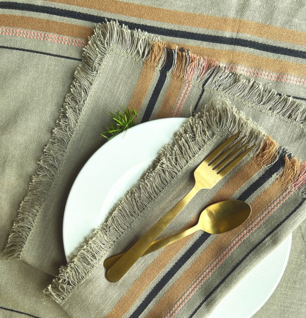 Brown Striped Cotton Table Napkins with Fringes Burnt Olive - Set of 6