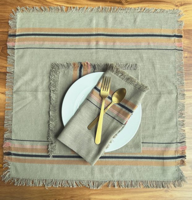 Brown Striped Cotton Table Napkins with Fringes Burnt Olive - Set of 6