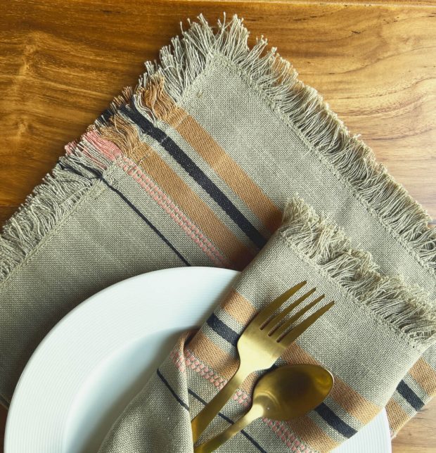 Brown Striped Cotton Table Napkins with Fringes Burnt Olive - Set of 6